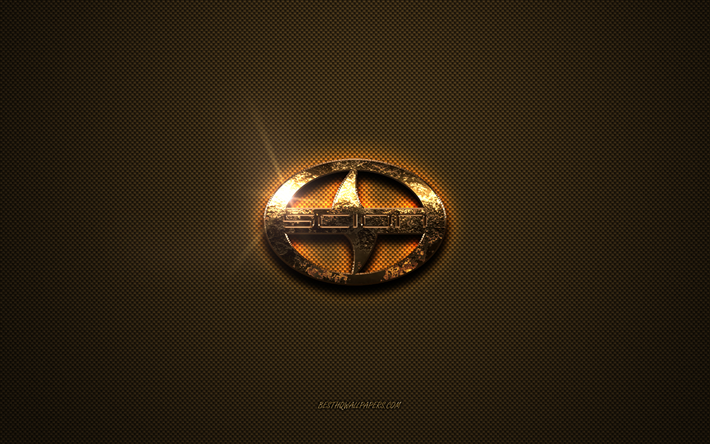 Logo Scion dorato, grafica, sfondo marrone in metallo, emblema Scion, logo Scion, marchi, Scion