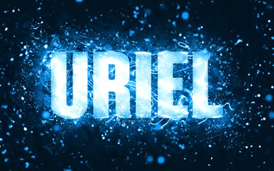 Joyeux anniversaire Uriel, 4k, n&#233;ons bleus, nom d&#39;Uriel, cr&#233;atif, Uriel joyeux anniversaire, anniversaire d&#39;Uriel, noms masculins am&#233;ricains populaires, photo avec le nom d&#39;Uriel, Uriel
