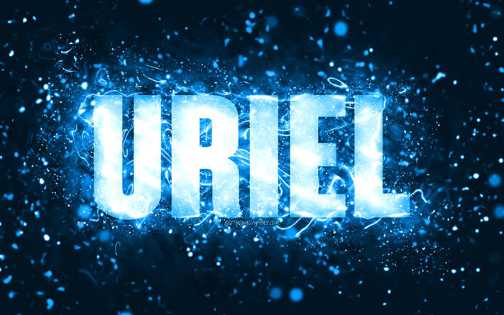 Buon Compleanno Uriel, 4k, luci al neon blu, nome Uriel, creativo, Uriel Buon Compleanno, Compleanno Uriel, nomi maschili americani popolari, foto con nome Uriel, Uriel