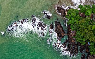 coast, sea, view from above, aerial view, waves, tropical island, coast aerial view, stones