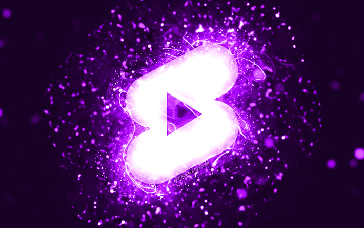 Youtube shortsit violetti logo, 4k, violetit neon valot, luova, violetti abstrakti tausta, Youtube shortsit logo, sosiaalinen verkosto, Youtube shortsit