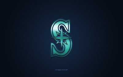 Emblema de los Marineros de Seattle, club de b&#233;isbol americano, logo turquesa, fondo de fibra de carbono azul, MLB, Insignia de los Marineros de Seattle, b&#233;isbol, Seattle, EE UU, Marineros de Seattle