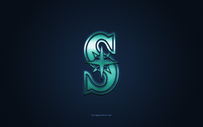 Seattle Mariners emblem, American baseball club, turquoise logo, blue carbon fiber background, MLB, Seattle Mariners Insignia, baseball, Seattle, USA, Seattle Mariners