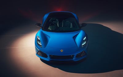 2021, Lotus Emira, front view, exterior, blue sports car, new blue Emira, British sports cars