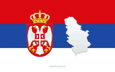 Serbia mapa silueta, bandera de Serbia, silueta en la bandera, Serbia, silueta del mapa de Serbia 3d, mapa de Serbia 3d