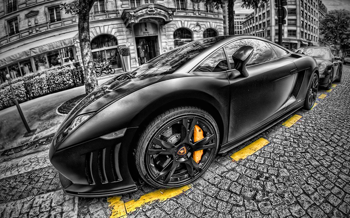 Lamborghini Gallardo, HDR, supercarros, rua, monocrom&#225;tico, hipercarros, Black Gallardo, carros italianos, Lamborghini