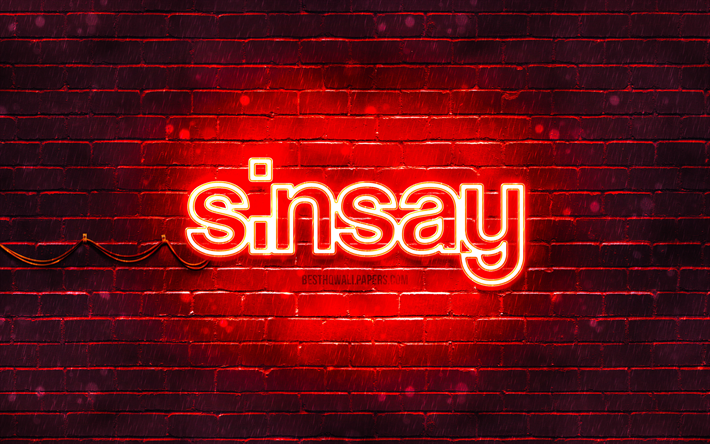 Sinsay logo rosso, 4k, muro di mattoni rossi, logo Sinsay, marchi, logo al neon Sinsay, Sinsay