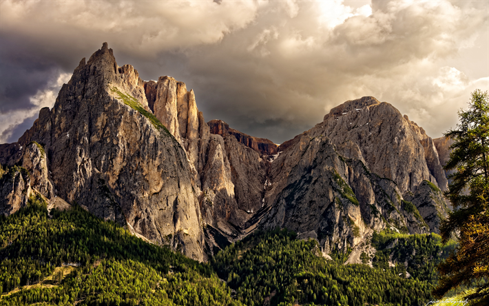 Italy, mountains, forest, sky, Dolomites, clouds, HDR, beautiful nature, Europe