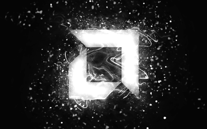 Logotipo blanco de AMD, 4k, luces de ne&#243;n blancas, creativo, fondo abstracto negro, logotipo de AMD, marcas, AMD