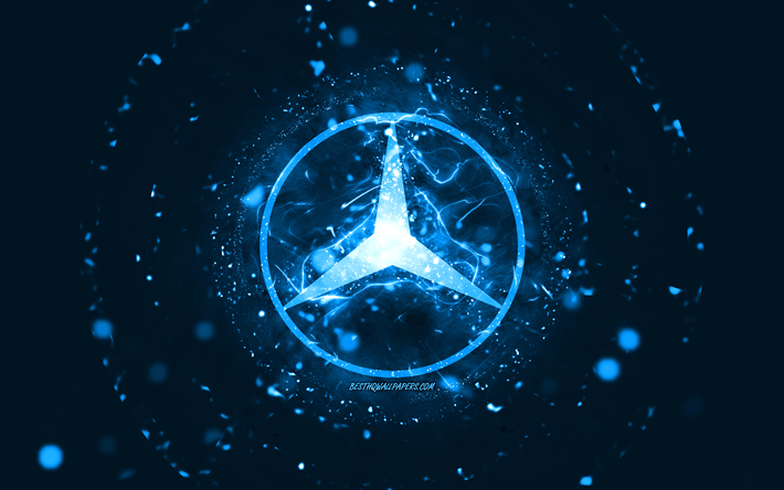 Mercedes-Benz blue logo, 4k, blue neon lights, creative, blue abstract background, Mercedes-Benz logo, cars brands, Mercedes-Benz