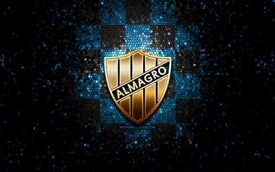 Almagro CF, glitter logo, Primera Nacional, blue black checkered background, soccer, argentinian football club, Club Almagro logo, mosaic art, Club Almagro, football, Club Almagro FC