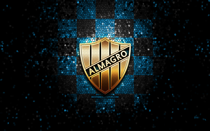 Almagro CF, logotipo glitter, Primera Nacional, fundo xadrez preto azulado, futebol, clube de futebol argentino, logotipo do Club Almagro, arte em mosaico, Club Almagro, Club Almagro FC