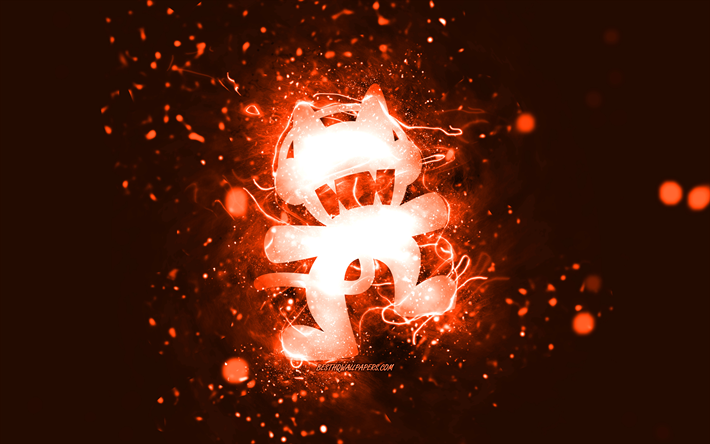 Logo orange Monstercat, 4k, DJ canadiens, n&#233;ons orange, cr&#233;atif, fond abstrait orange, logo Monstercat, stars de la musique, Monstercat