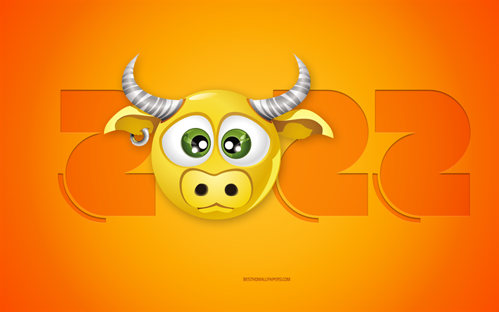 2022 Ano de Touro, Feliz Ano Novo de 2022, fundo amarelo, 3D signo do zodíaco Touro, 2022 Ano Novo, Signo do Zodíaco de Touro, 2022 conceitos, Touro