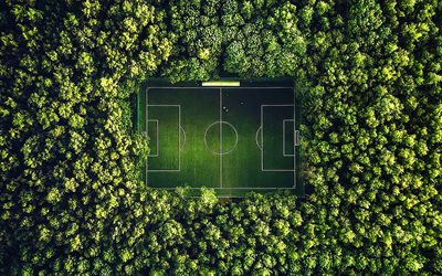 aerial view, 4k, soccer field, football stadium, green trees, summer, beautiful nature, football, soccer, playgrounds