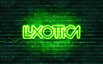 Logo vert Luxottica, 4k, mur de briques vert, logo Luxottica, marques, logo n&#233;on Luxottica, Luxottica