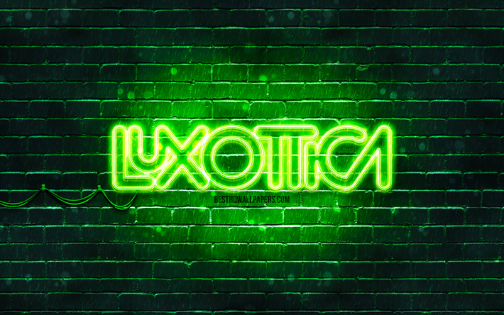 Luxottica gr&#246;n logotyp, 4k, gr&#246;n tegelv&#228;gg, Luxottica logotyp, varum&#228;rken, Luxottica neon logotyp, Luxottica