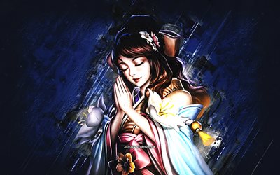 Guinevere, Sakura Wishes, Mobile Legends Bang Bang, blue stone background, Mobile Legends characters, Guinevere Mobile Legends, creative art