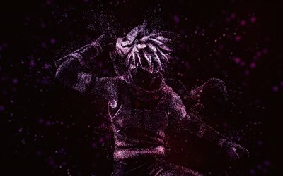 Kakashi Hatake, Naruto, purple glitter art, black background, anime characters, Naruto characters, Kakashi Hatake Naruto, Hatake Kakashi, Sharingan no Kakashi