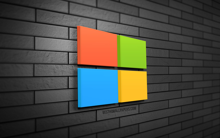 Microsoft 3D-logo, 4K, harmaa tiilisein&#228;, Windows 11, luova, tuotemerkit, Microsoft-logo, 3D-taide, Microsoft, Windows 11 -logo