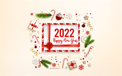 Happy New Year 2022, 4k, boxes gifts, New Year, 2022 concepts, 2022 greeting card, 2022 New Year, Christmas decoration, New Year 2022, 2022 background
