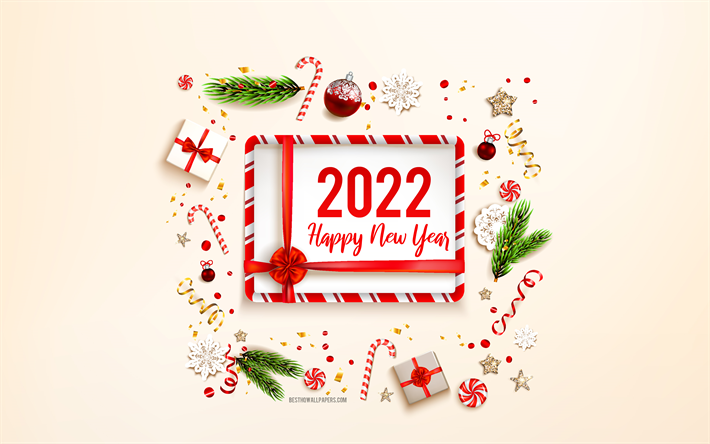 Feliz a&#241;o nuevo 2022, 4k, cajas de regalos, a&#241;o nuevo, conceptos 2022, tarjeta de felicitaci&#243;n 2022, a&#241;o nuevo 2022, decoraci&#243;n navide&#241;a, fondo 2022