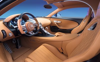 Bugatti Chiron, 2017, sisustus, ruskea nahka, Bugatti sisustus