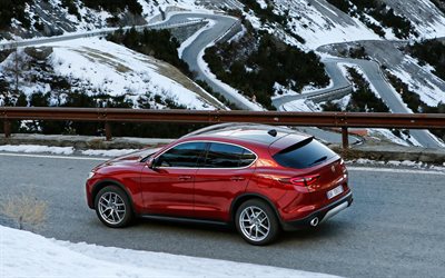 Alfa Romeo Stelvio, 2017, el invierno, la nieve, la monta&#241;a, la serpentina, rojo Stelvio, Alfa Romeo