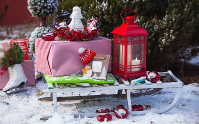 New Year, 2018, gift, red lantern, winter, snow, sleigh, Happy New Year