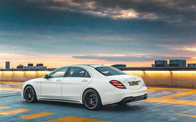 4k, Mercedes-Benz S63 AMG, parking, 2018 cars, w222, rear view, tuning S-class, german cars, Mercedes