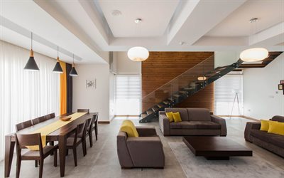 living room, modern design, glass staircase, modern interior, dining room