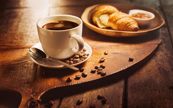 black coffee, breakfast, croissant, white cup, coffee