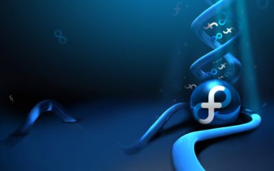Fedora, 3d logo, creative, blue background, Fedora logo, Linux