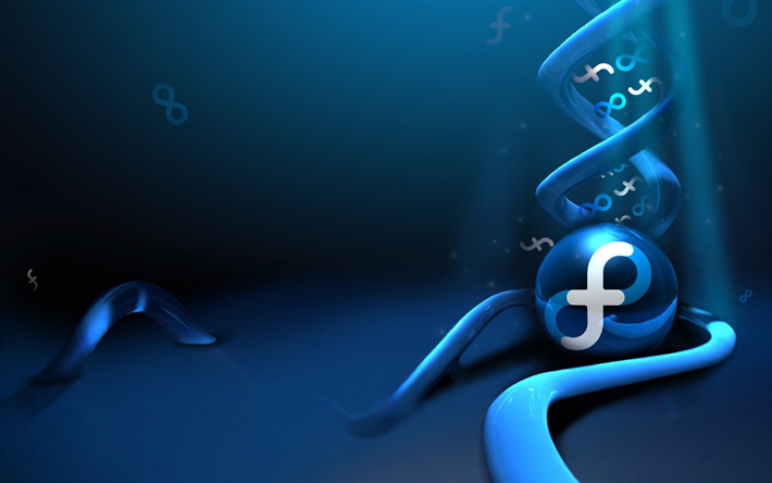 fedora, 3d-logo, creative, blauer hintergrund, fedora-logo, linux