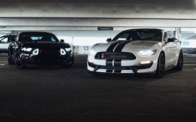 Ford Mustang, 2017, Muscle Cars, Noir, Mustang, coup&#233; sport, am&#233;ricain des voitures de sport, tuning, Blanc Mustang, Ford