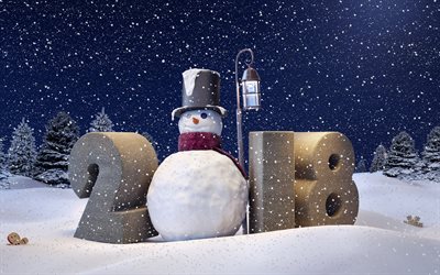 Happy New Year 2018, winter, snowman, New Year 2018, xmas, snowfall, Christmas
