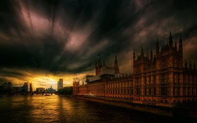 Parlamentet, London, Themsen, sunset, kv&#228;ll, England, STORBRITANNIEN