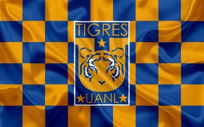 Tigres UANL, 4k, logo, arte criativa, laranja azul bandeira quadriculada, Mexicana de Futebol do clube, Primeira Divis&#227;o, Liga MX, emblema, textura de seda, Novo Leon, M&#233;xico, futebol