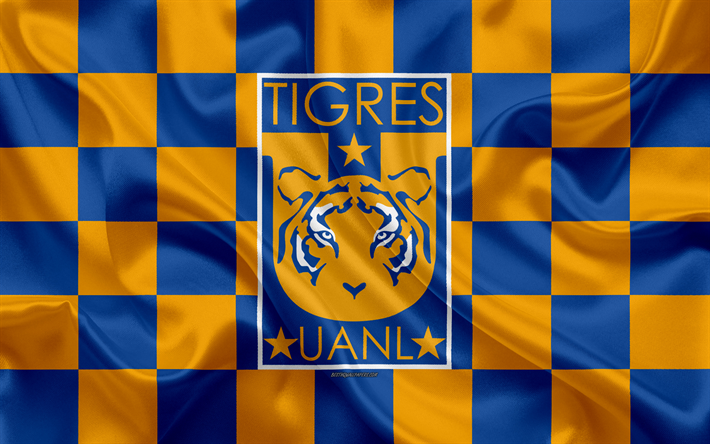 Tigres UANL, 4k, logo, creative art, oranssi sininen ruudullinen lippu, Meksikon Football club, Primera Division, Liga MX, tunnus, silkki tekstuuri, Uusi Leon, Meksiko, jalkapallo