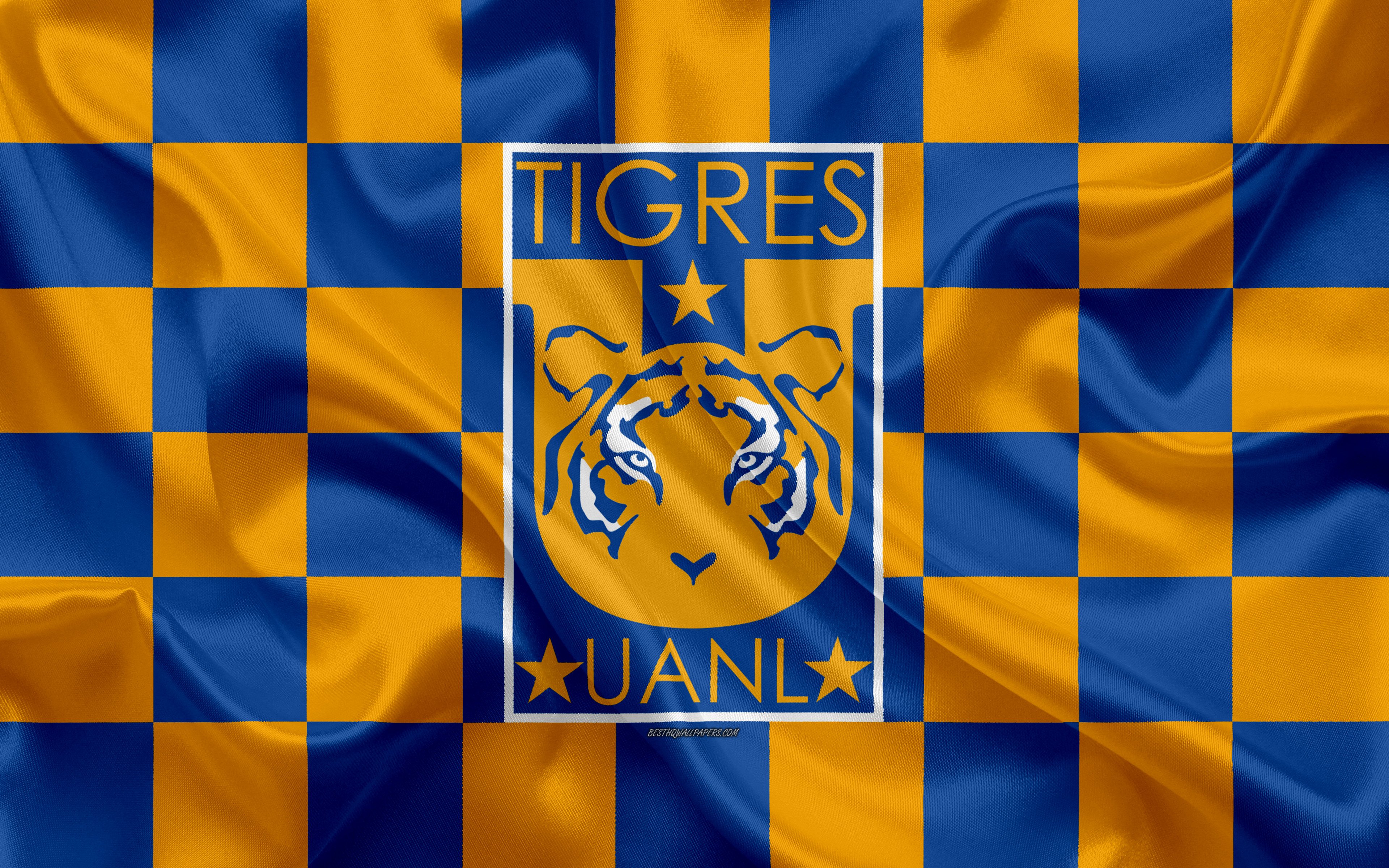Descargar fondos de pantalla Tigres UANL, 4k, logotipo, arte creativo,  naranja azul de la bandera a cuadros, Mexicano, club de Fútbol, Primera  División, Liga MX, el emblema, la seda textura, Nuevo León,