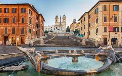 Barcaccia Fountain, Rome, Baroque, Spanish Steps, Plaza of Spain, Landmark, Italy