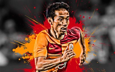 Yuto Nagatomo, purple and orange blots, Galatasaray FC, japanese footballers, soccer, Turkish Super Lig, Nagatomo, grunge, Galatasaray SK