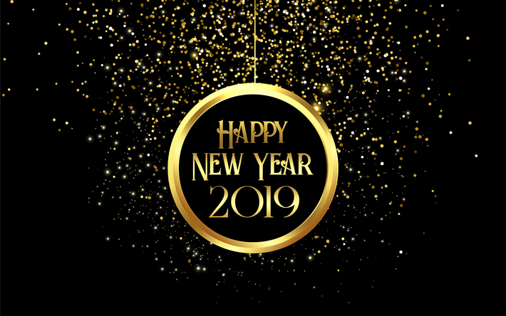 سنة جديدة سعيدة عام 2019, الكرة الذهبية, تهنئة, السنة الجديدة, 2019 الذهب الأسود الخلفية