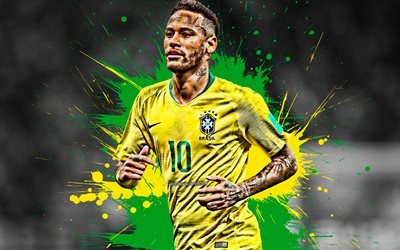 Neymar, 4k, brazilian flag, Brazil National Team, green and yellow blots, Neymar JR, soccer, football stars, creative, grunge, Brazilian football team