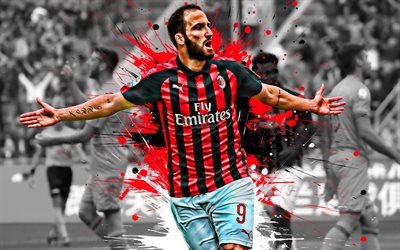 Gonzalo Higuain, 4k, Argentinian football player, AC Milan, striker, red black paint splashes, creative art, Serie A, Italy, football, Higuain
