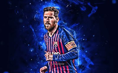 Messi, FCB, Barcelona FC, close-up, argentinian footballers, La Liga, Lionel Messi, Leo Messi, neon lights, LaLiga, Barca, soccer, football stars