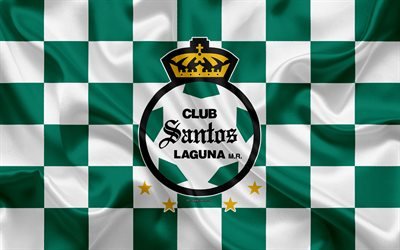 Santos Laguna, 4k, logo, creative art, green and white checkered flag, Mexican Football club, Primera Division, Liga MX, emblem, silk texture, Torreon, Mexico, football