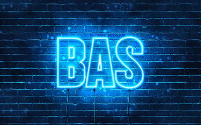 Bas, 4k, taustakuvat, joissa on nimet, Bas-nimi, siniset neonvalot, Hyv&#228;&#228; syntym&#228;p&#228;iv&#228;&#228; Bas, suosittuja hollantilaisia miesten nimi&#228;, kuva Bas-nimell&#228;