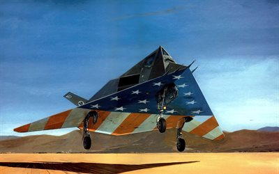 Lockheed F-117 Nighthawk, Stealth-hy&#246;kk&#228;yskone, F-117, Yhdysvaltain ilmavoimat, Yhdysvaltain lippu, USAF, amerikkalainen taistelukone, vedetty lentokone