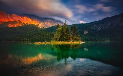 Lago Eibsee, Alpi, sera, tramonto, paesaggio montano, lago di montagna, Baviera, Germania